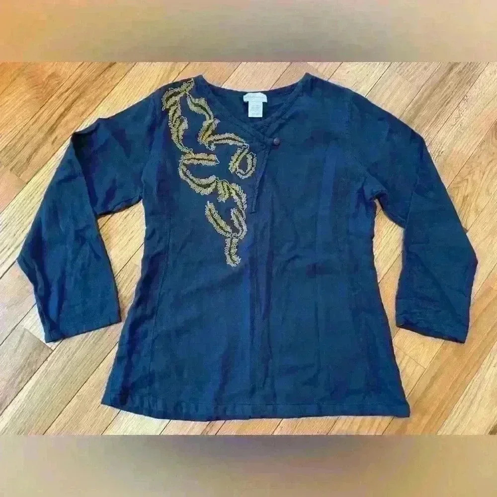 Soft Surroundings Lagenlook Blue Long Sleeved Tunic Gold Embroidery Women’s Sz M